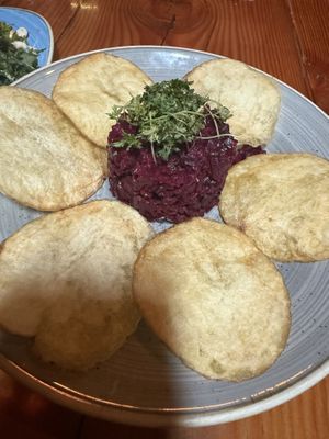 Vegan beet tar tar with house made chips. I am normally not a beet person but this dish was really really good!   at Truckee Tavern and Grill in Truckee