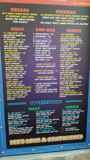 menu board at Ike's Love & Sandwiches in Santa Cruz