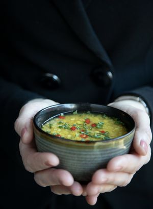 Classic Indian Dahl with chili or without... Very filling and loaded with protein.  at Kaernehuset Vegetarian Club in Odense