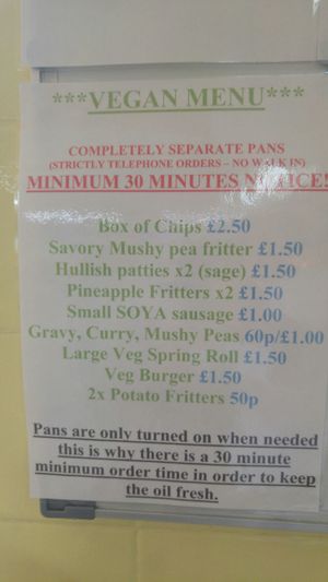 Gabby's chippy vegan menu at Gabby's Chippy in Bridlington