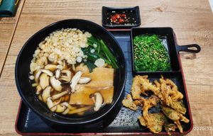 Shoyu Soup Udon with Crispy Abalone Mushrooms and Seasoned Kelp Wakame Set Meal at Saute-san 素特-さん in Central Singapore