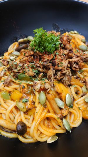 minced mushroom pumpkin tomato spaghetti at Saute-san 素特-さん in Central Singapore