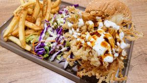 enoki mushroom burger, salad, fries at Saute-san 素特-さん in Central Singapore