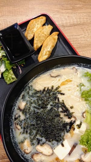 soy milk tomato ramen, gyoza, salad at Saute-san 素特-さん in Central Singapore