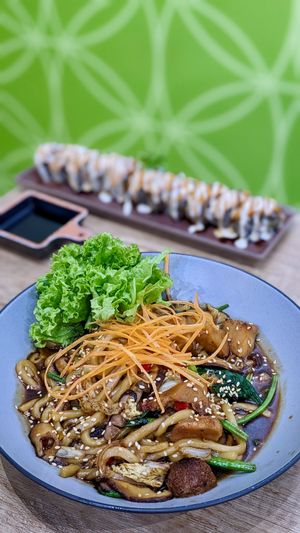 Vegan Lion Mane Teriyaki Udon & Kimbab Soy Ham Roll at Saute-san 素特-さん in Central Singapore