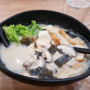 Ramen Soy Milk Miso. Enoki, tofu skin, tofu, kombu kelp, mushroom, green. at Saute-san 素特-さん in Central Singapore