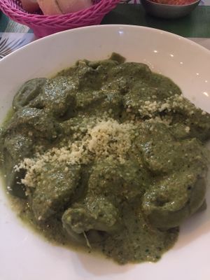 Spinach pasta stuffed with vegan cheese and mushrooms with pesto sauce  at Lazy Vegan in Santiago