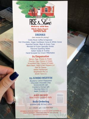 menu with vegan options at Rise and Shine in Panguitch