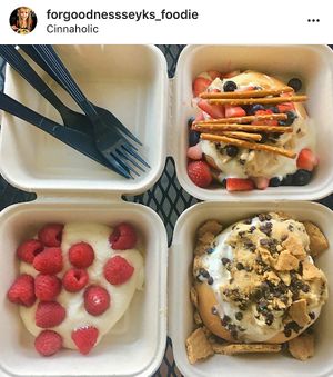 Cookie Monster, custom cinnamon rolls, an icing and raspberry (gluten free)  at Cinnaholic in San Jose