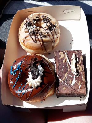 Caramel doughnut, chocoated doughnut and chocolate fudge slice at Flour of Life Bakery in Helensvale