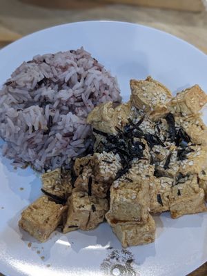Teriyaki Tofu with purple rice at So​ Vegan in Bangkok