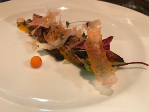 Organic carrots confit with olive oil; Emulsion Carpaccios and crunchy carrots.  at Dario Gualtieri Bistro in Buenos Aires