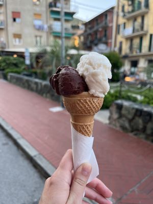 Dark chocolate and almond ice cream in a vegan cone  at Basilico e Limone in Levanto
