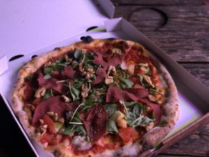 Vegan pizza with kamut crust.  Really big one and delicious! (10€) at Lore Pizzeria in Lecce