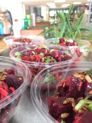 Our grab n go cooler changes daily. Beet salad, pickled carrots, grilled orange vinaigrette, toasted sunflower seeds  at Common Roots Cafe in Rye