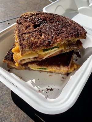 Yummy Vegan breakfast sandwich with French toast for bread!  at Common Roots Cafe in Rye