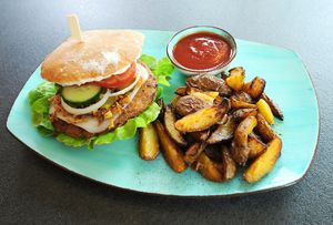 There are a lot of vegan burger option at vabiou's. This one is the ghostbastas burger with vegan cheese. Meanwhile they offer fries and sweetpotatofries instead of the wedges and the fries are truly tasty as well. I really love the sweetpotatofries. at Vabiou's in Hamburg