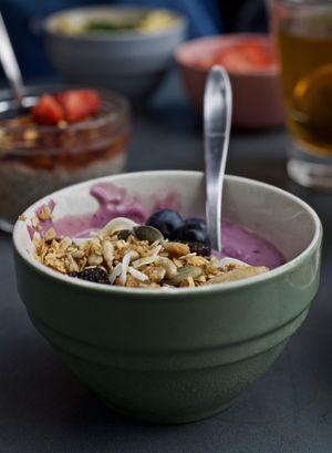 Soy yoghurt with blueberries and granola at Cafe Hoegs in Copenhagen