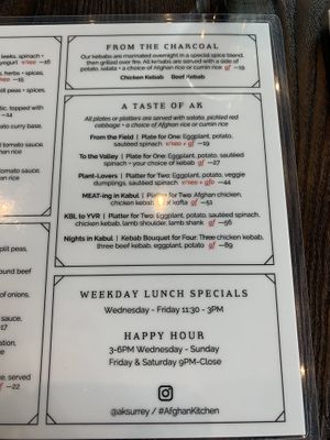 Menu 3 at Afghan Kitchen in Surrey