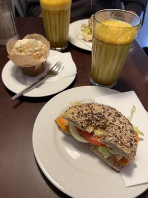 Vegan Blueberry Muffin, Vegan Lax Bagel and Kurkuma Latte  at Cafesito in Bregenz