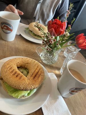 Planted chicken bagel and Cappuccino with oat milk (size M)  at Cafesito in Bregenz