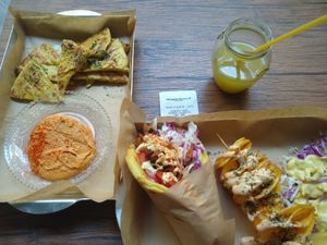 Hummus and pitta corn bread at Vegan Beat in Athens