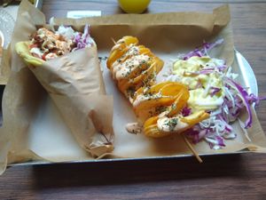 Space Gyros, spiral potato and salad at Vegan Beat in Athens