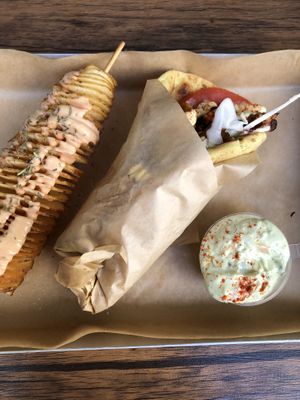 Spiral potatoes with the gyros and tzatziki dip  at Vegan Beat in Athens