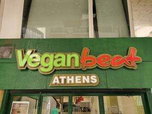 Front sign at Vegan Beat in Athens