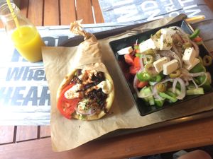 gyros wrap and greek salad with the homemade lemonade - incredibly delicious at Vegan Beat in Athens
