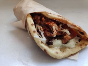 The space gyros... With caramelised oyster mushrooms, onions, tomatoes and vegan mayonnaise.  at Vegan Beat in Athens