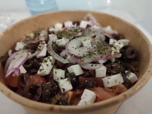 The Greek salad. There's a bunch of croutons underneath that you cannot see!  at Vegan Beat in Athens