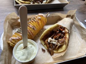 Space gyros, Spital potato, and tzaziki at Vegan Beat in Athens