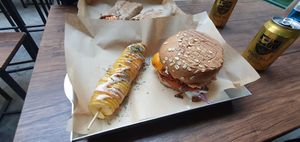 Burger and spiral potato at Vegan Beat in Athens