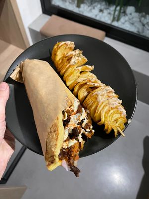 gyro with oyster mushrooms and spiral fries 3,5€ + 2€ at Vegan Beat in Athens