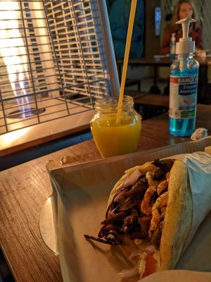 Space gyros and lemonade with "spaghetti straw" at Vegan Beat in Athens