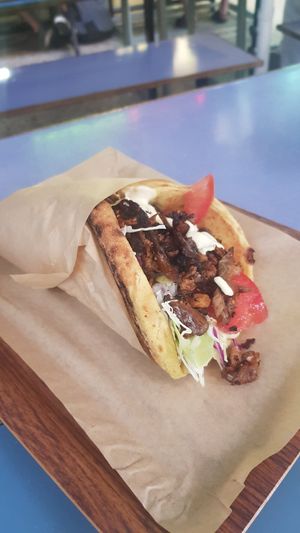 Superfluffy pita with mushroom gyros and amazaing Tzatziki for 3.90 only at Vegan Beat in Athens