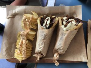 Scalloped potato & space gyros  at Vegan Beat in Athens
