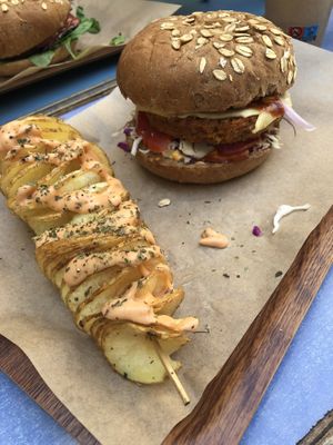 "Big boss burger” with spiral fries  at Vegan Beat in Athens