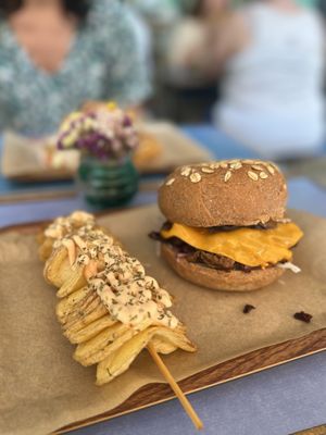 Spiral potatoes + gyros burger   at Vegan Beat in Athens