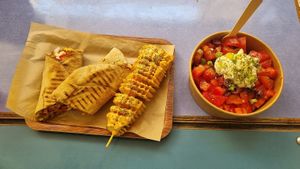 Lahmajun, Greek Dakos (salad) and Spiral Potato at Vegan Beat in Athens