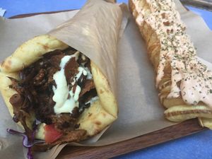 Mushroom gyro and spiral potatoes! Drooling remembering this epic dinner!  at Vegan Beat in Athens