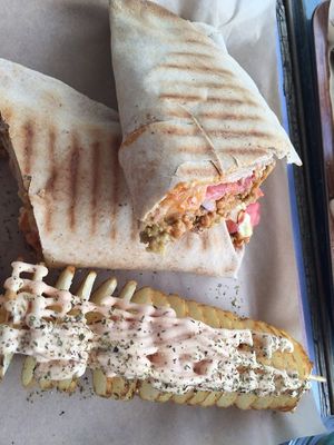 lahmajoun and spiral potato at Vegan Beat in Athens