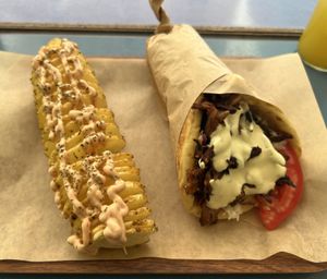 Spiral potato and space gyros  at Vegan Beat in Athens