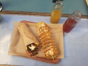 Pita with potato, lemonade and kombucha at Vegan Beat in Athens