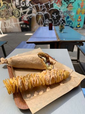 Mushroom gyros with spiral potato from Vegan Beat in Athens. So good! 👌🏼 at Vegan Beat in Athens