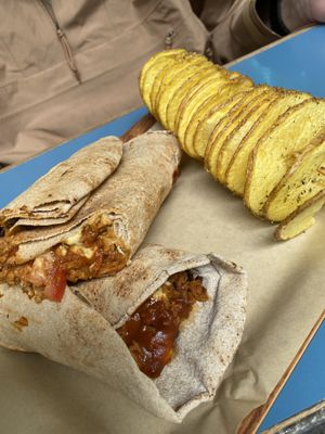 Soy mine pita wrap and potato spiral  at Vegan Beat in Athens