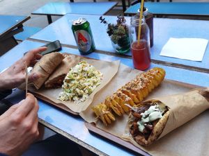 Lahmajoun, coleslaw, spiral potato & space gyros at Vegan Beat in Athens