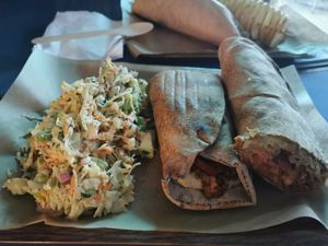 Lahmacun and coleslaw at Vegan Beat in Athens