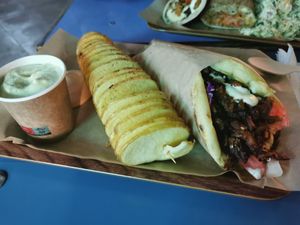 Gyros and a spiral potato at Vegan Beat in Athens